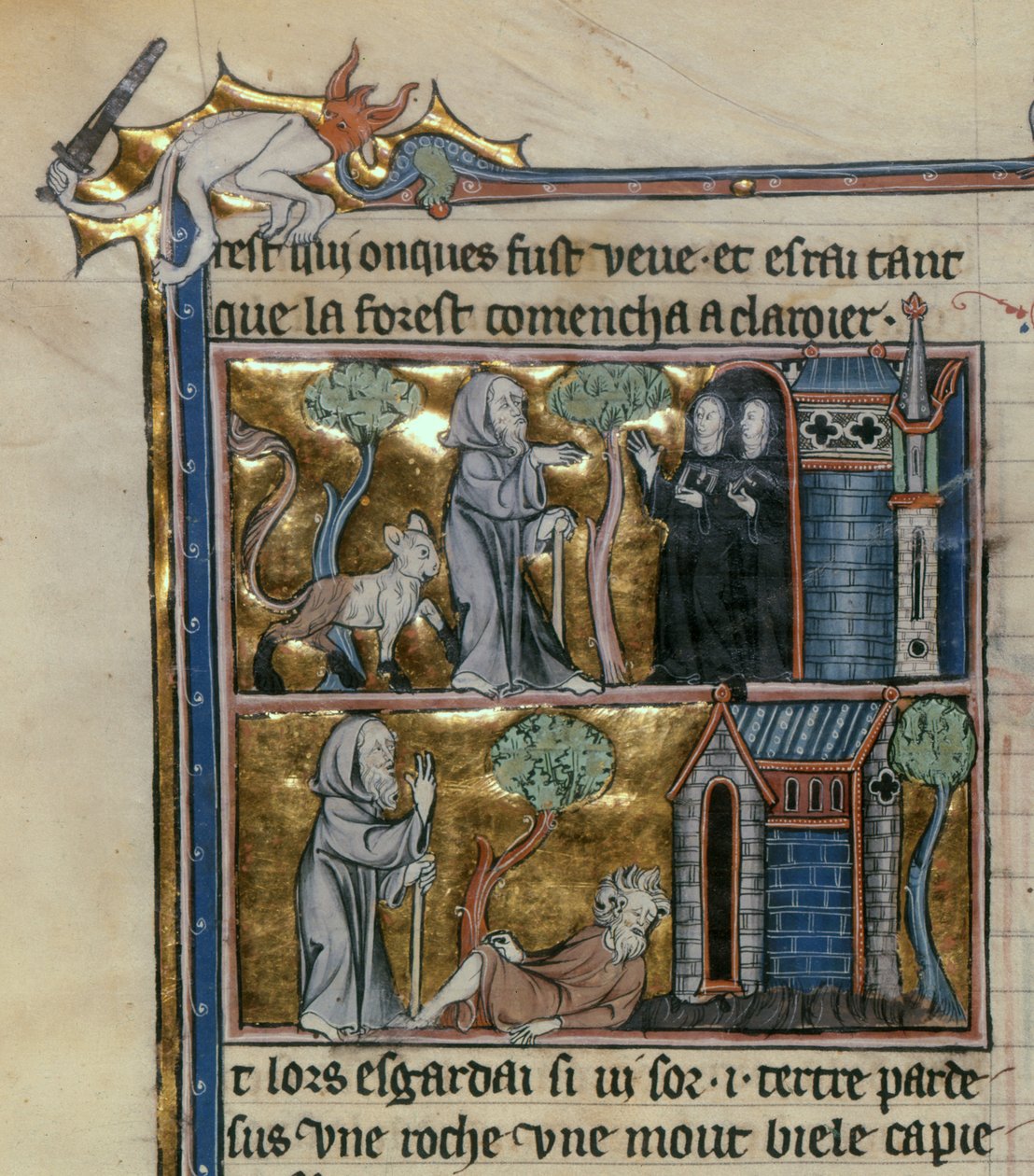 Pani Fr 95 f.4v Pustelnik i bestia, z lHistoire du Saint Graal, c.1280-90 autorstwa French School