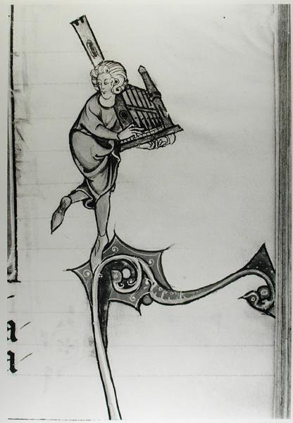 Pani Fr 95 fol.273 Muzyk grający na organach portatywnych, z Histoire de Merlin, c.1280-90 autorstwa French School