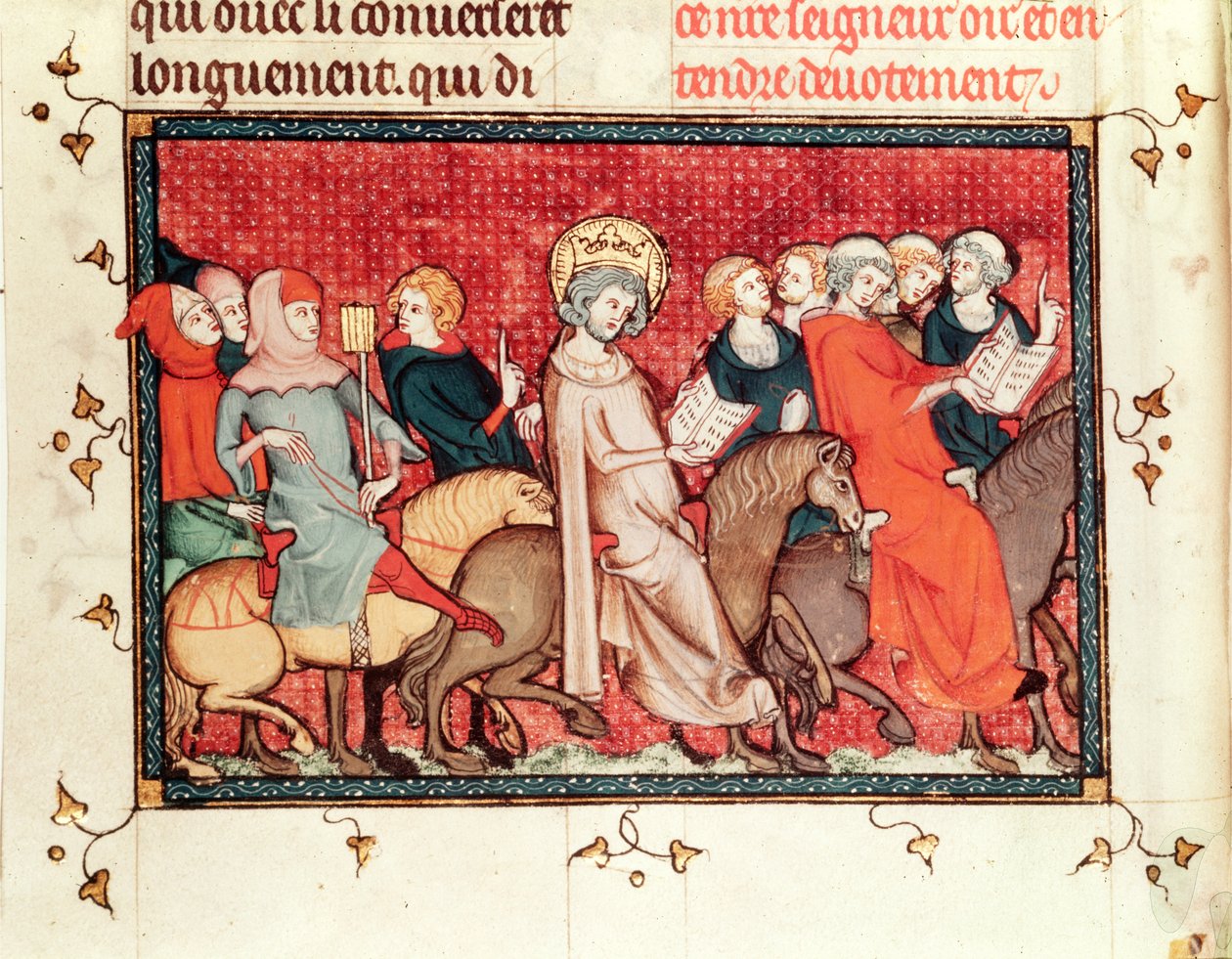Ms Fr fol.48 Król dyktujący godziny na koniu, z Life and Miracles of St. Louis, ok. 1330-40 autorstwa French School
