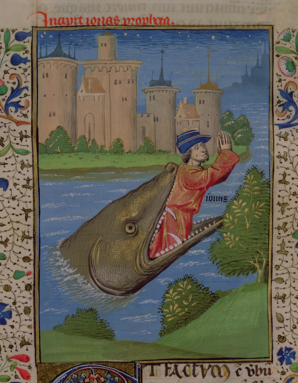 Ms H 7 f. 111r Jonasz i wieloryb, z Biblii Jana XXII autorstwa French School
