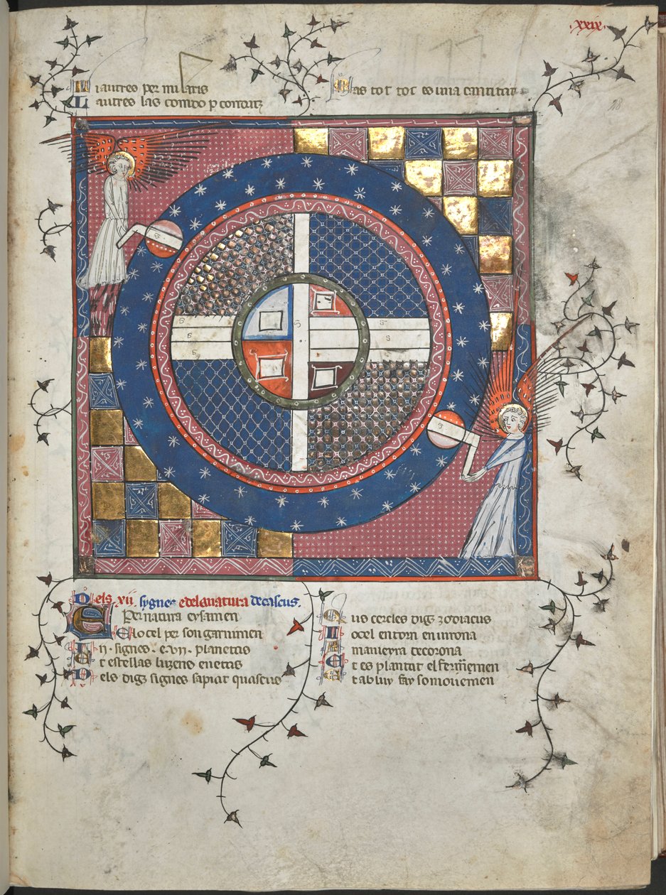 Ms Harley 4940, f.28 Dwa anioły obracające wszechświat, ilustracja z „Breviari d