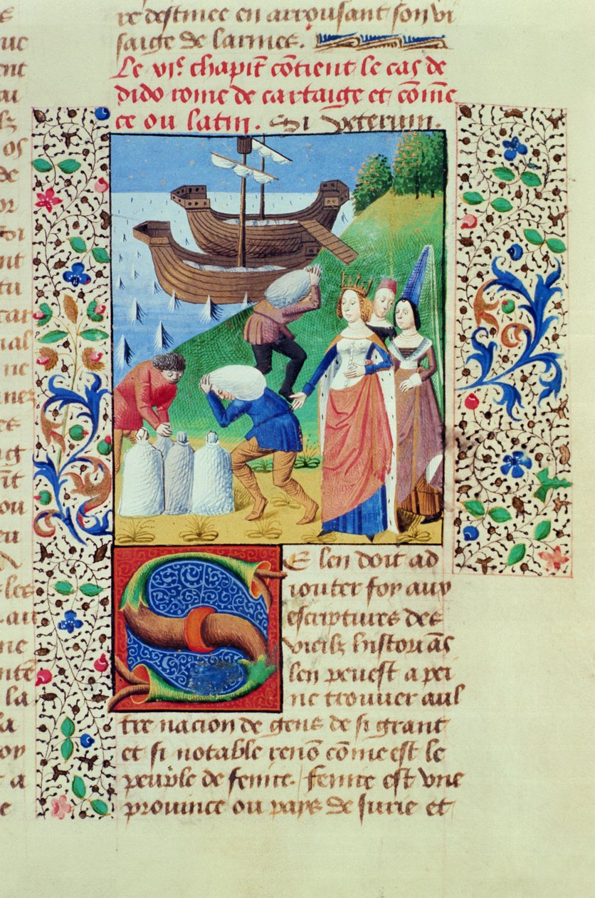 Pani Hunter 208 f. 67r Dido wsiadająca na skarb Sychaeus, z Upadku książąt, autorstwa Giovanniego Boccaccio (1313-75) 1472 autorstwa French School