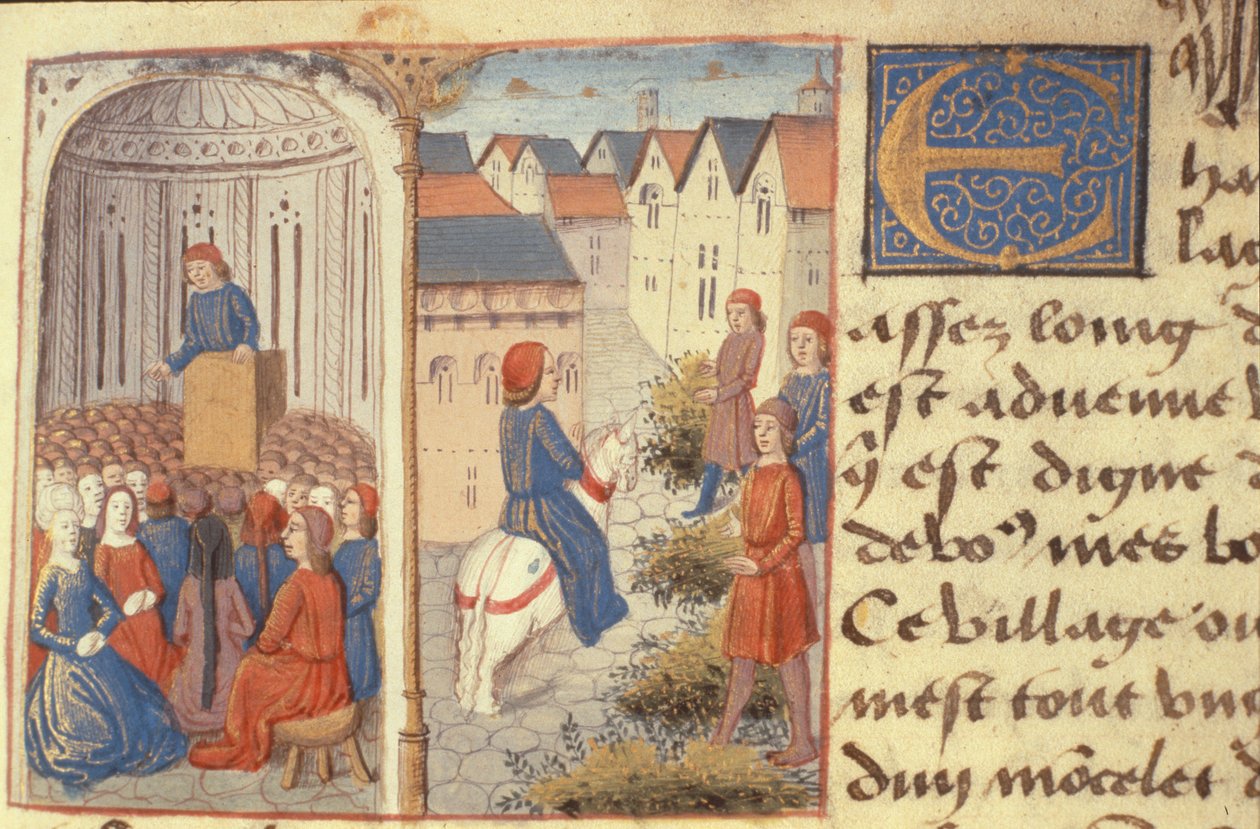 Pani Hunter 252 f.183r Wykład i posypywanie ulic, z Les Cent Nouvelles Nouvelles, 1462 autorstwa French School