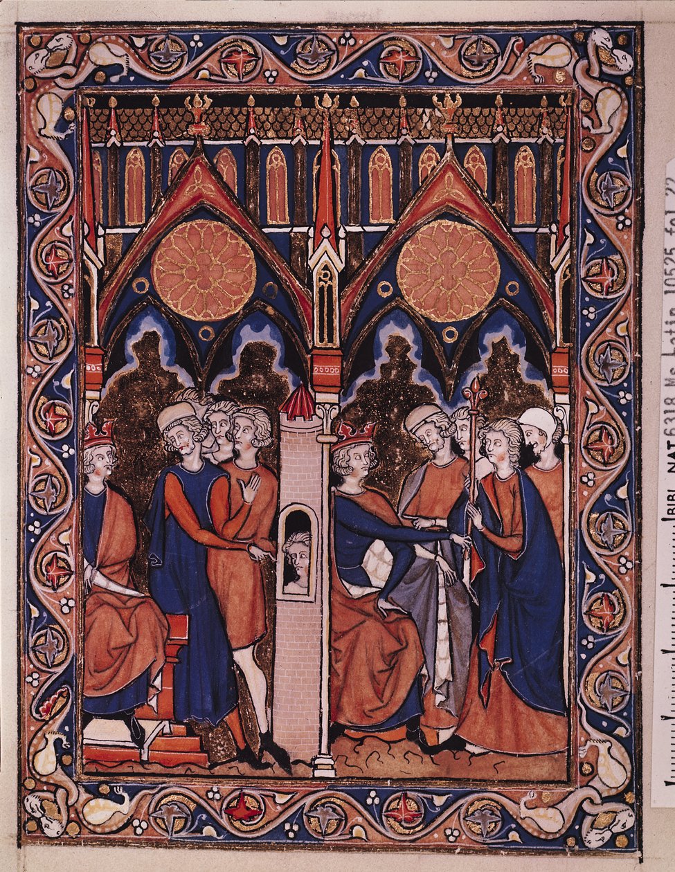 Pani Lat 10525 Fol.22 Józef wyjaśnia sen faraona i przywrócenie lokaja przez faraona, z Psałterza św. Ludwika, ok. 1258-70 autorstwa French School
