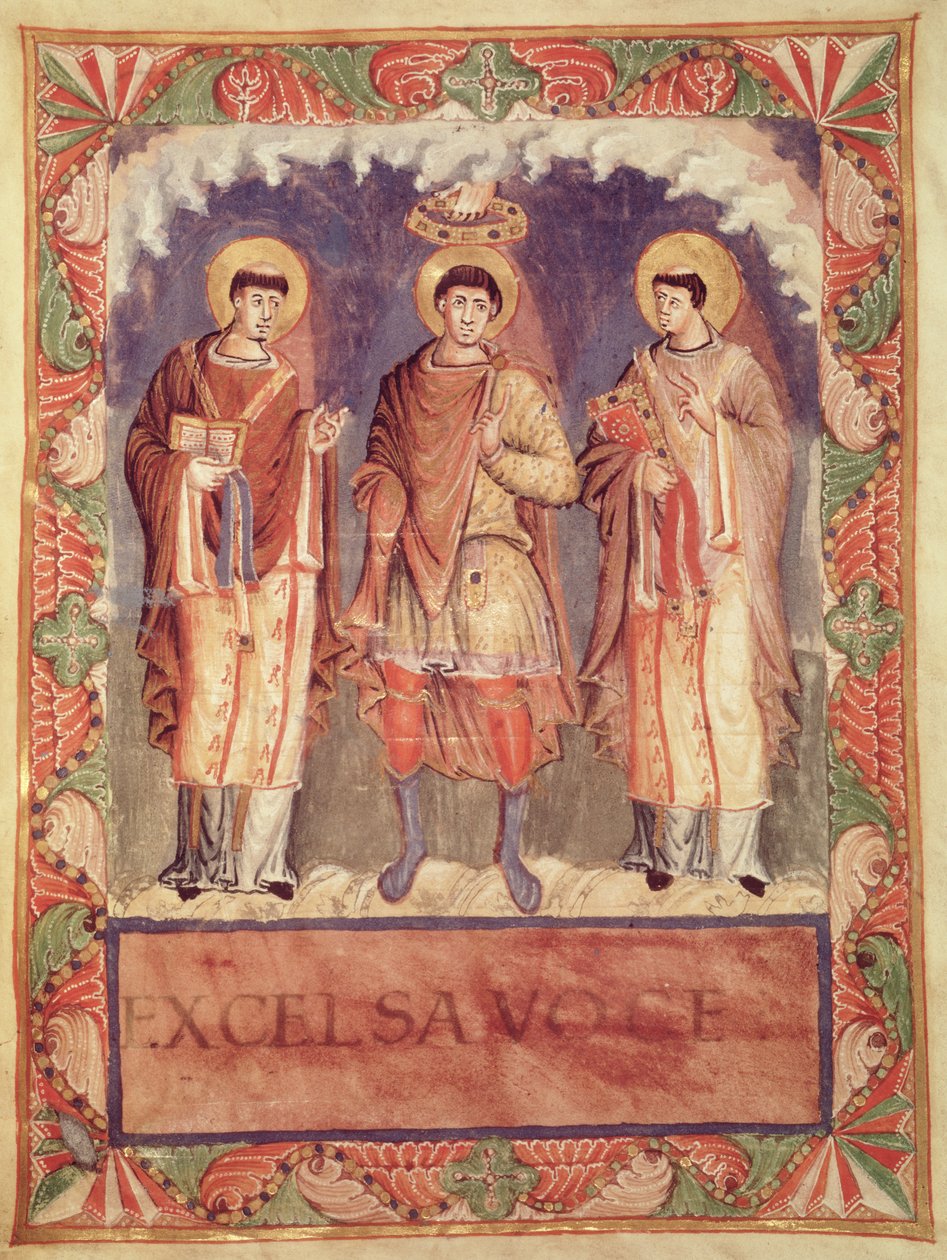 Ms Lat 1141 fol.2v Koronacja Karola II (823-877) z arcybiskupami Reims i Treves, z Sacrementaire de Metz (patrz także 159999) autorstwa French School