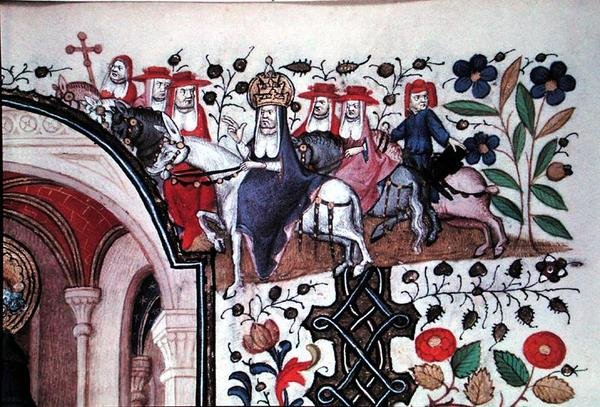 Ms Lat 1156b Fol.167 Szczegół Papieża na mule ze świtą, z ilustracji św. Piotra, z Godzin Małgorzaty Orleańskiej, c.1426 (welum) autorstwa French School