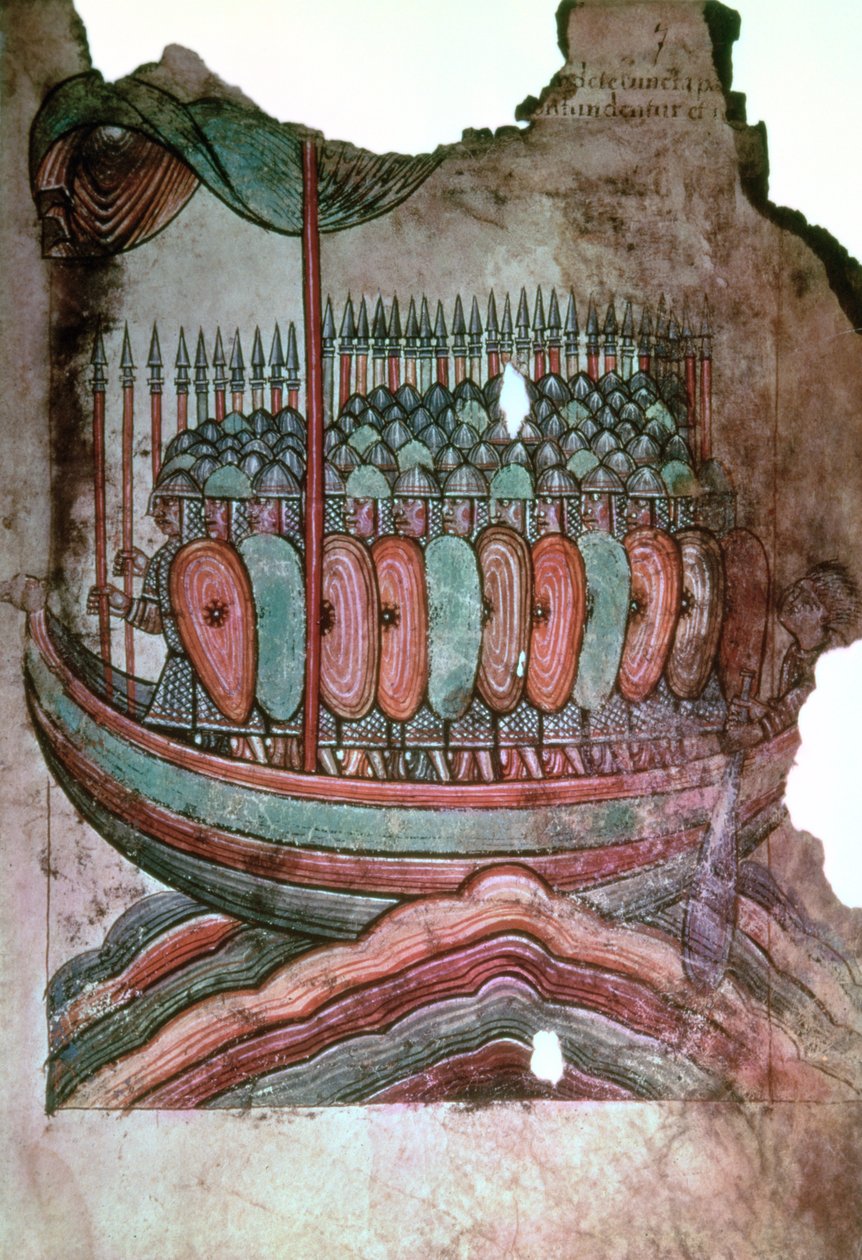 Ms Lat 1390 fol.7 Żołnierze normańscy przeprawiający się przez kanał La Vie de Saint Aubin dAngers autorstwa French School