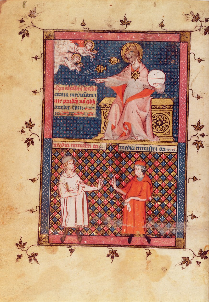 Ms Lat 14023 fol.1v Bóg tworzący medycynę i dający wiedzę lekarzom, z Kanonu medycyny Awicenny (Ibn Sina) (980-1037) przekład Gerarda de Cremone (1114087) c.1320 autorstwa French School