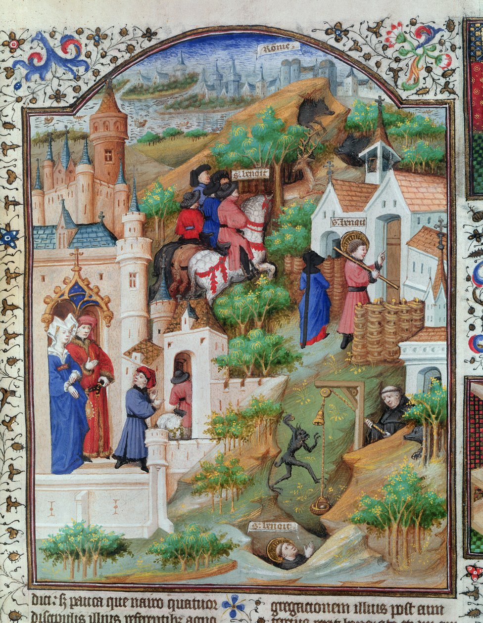 Ms Lat 17294 fol. 438 Sceny z życia św. Benedykta (ok. 480-ok. 550) z Brewiarza księcia Bedford, ok. 1424-35 autorstwa French School