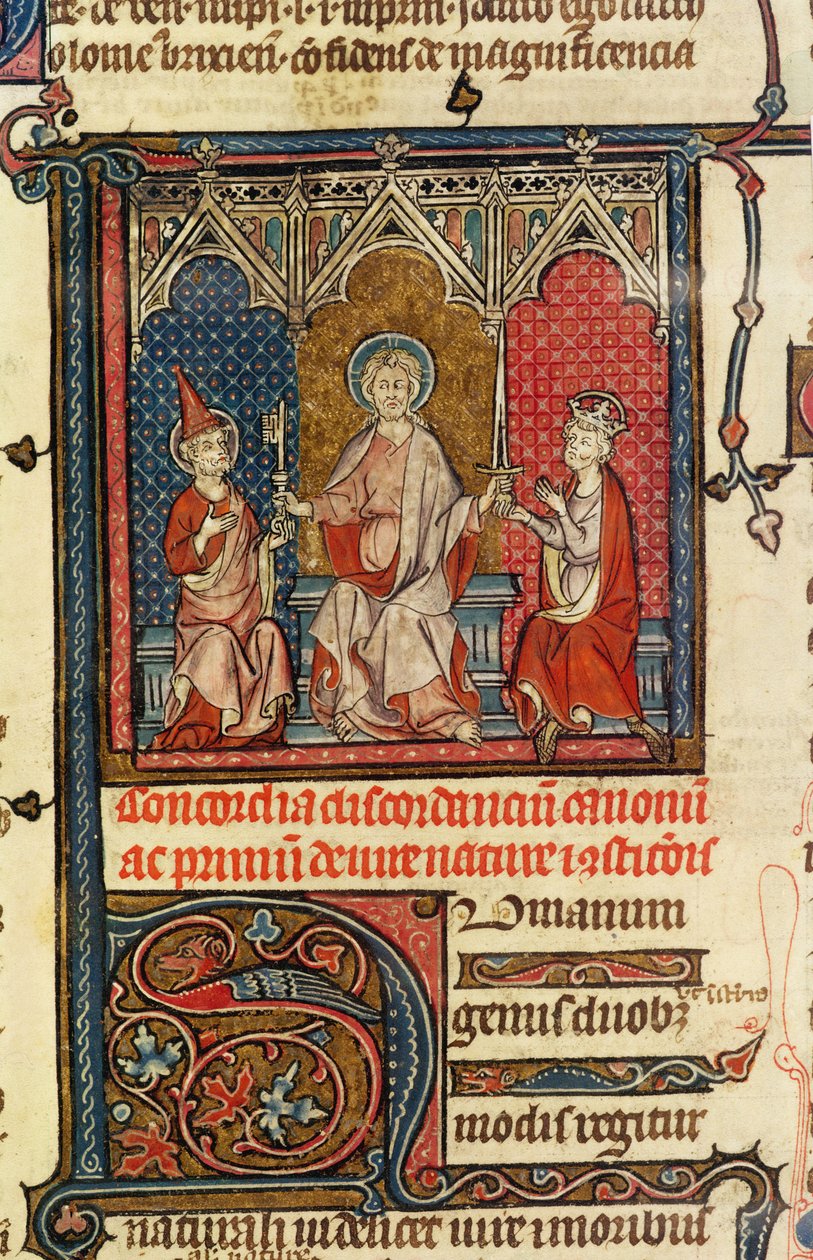 Ms Lat 3893 fol.1 Władza duchowa i doczesna, z Decrets de Gratien, 1314 autorstwa French School