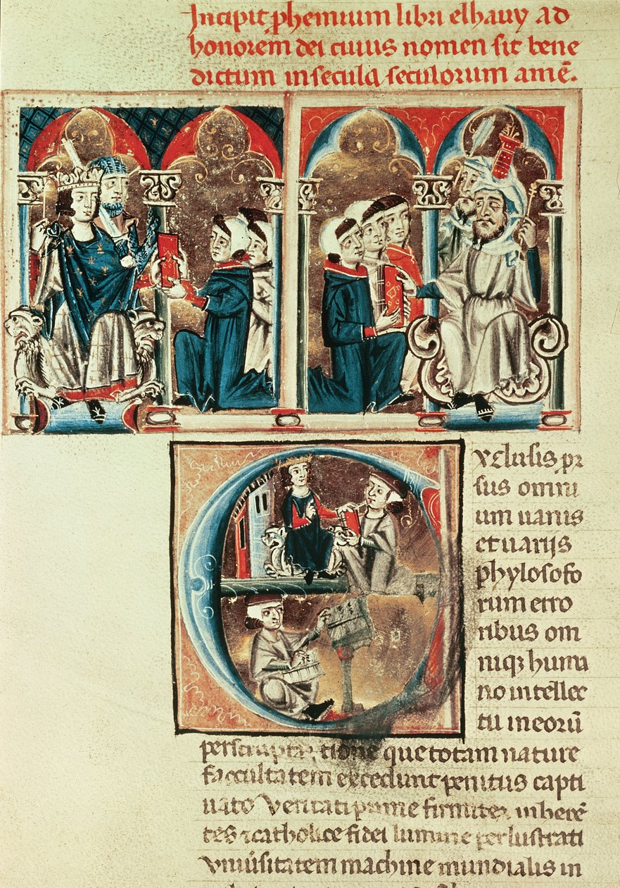 Pani Lat. 6912 fol.1v Żydowski uczony przedstawiający Filipowi dAnjou . tłumaczenie traktatu arabskiego autorstwa French School