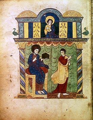 Ms Lat 8878 fol.1v Jezus przedstawiający Ewangelię św. Mateuszowi, z komentarza do Apokalipsy mnicha asturyjskiego Beatusa z Liebany (ok. 776) ok. 1028-72 (wellum) autorstwa French School