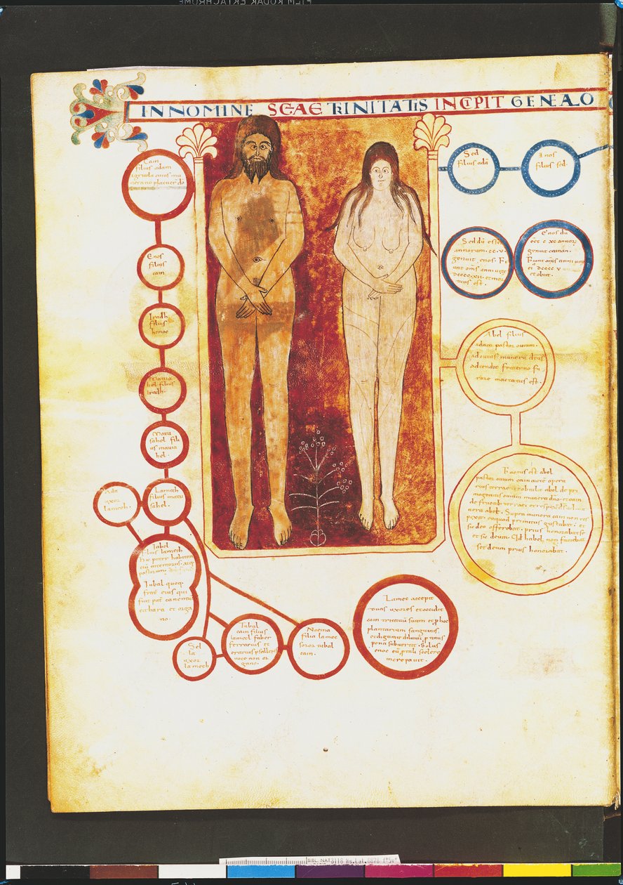 Ms Lat 8878 fol.5v Adam i Ewa i genealogia Chrystusa, z komentarza do Apokalipsy mnicha asturyjskiego Beatusa z Liebany (ok. 776) ok. 1028-72 autorstwa French School