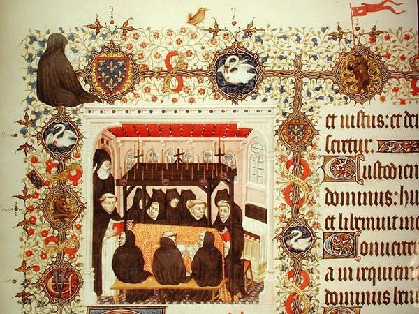 Pani Lat 919 Żałoba księżnej, z herbami i detalami zwierzęcymi, z Grandes Heures de Duc de Berry autorstwa French School