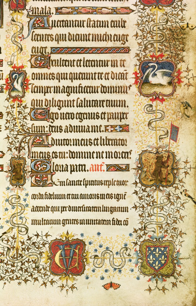 Ms Lat 919 fol.96 Szczegół herbów i dekoracji zwierzęcych, od św. Piotra Prowadzącego Jeana de France (1340-1416) Księcia Berry do raju, z Grandes Heures de Duc de Berry autorstwa French School