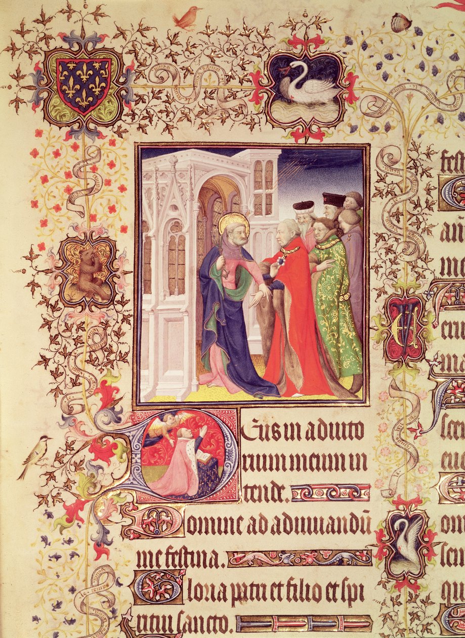 Pani Lat 919 fol.96 Jean de France, książę de Berry prowadzony przez św. Piotra do bram nieba z historycznym inicjałem „D św. Piotra i Jana de Berry w modlitwie”, z Grandes Heures de Duc de autorstwa French School