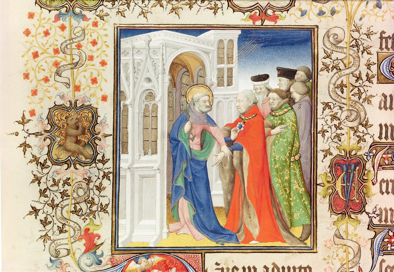 Pani Lat 919 fol.96 Św. Piotr prowadzący Jean de France (1340-1416) książę Berry do raju, z Grandes Heures de Duc de Berry, 1409 (patrz także 159985 i 30908) autorstwa French School