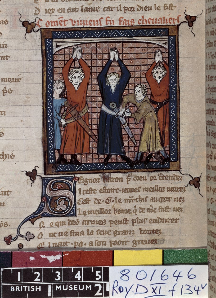 Pani Roy 20 D XI fol.134v Vivian i inni składają przysięgę, z „Chansons of Guillaume d