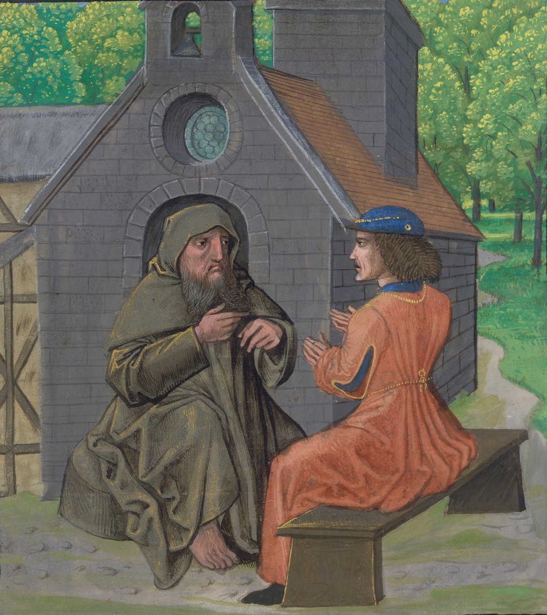 Ms Royal 14 E. 11, f.338 Pustelnik pouczający rycerza, z „Chemin de Valliance i dzieła w wierszu i prozie francuskiej”, c.1475 (wellum) autorstwa French School