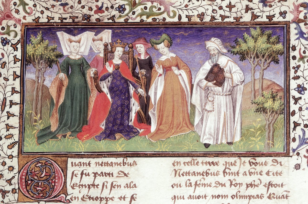 Ms Royal 20 B.XX fol.7 Olympias z Nectanebus, z „Le Vraye Histoire du Bon Roy Alixandre” Pseudo-Kallisthenesa, początek XV w. (welum) autorstwa French School