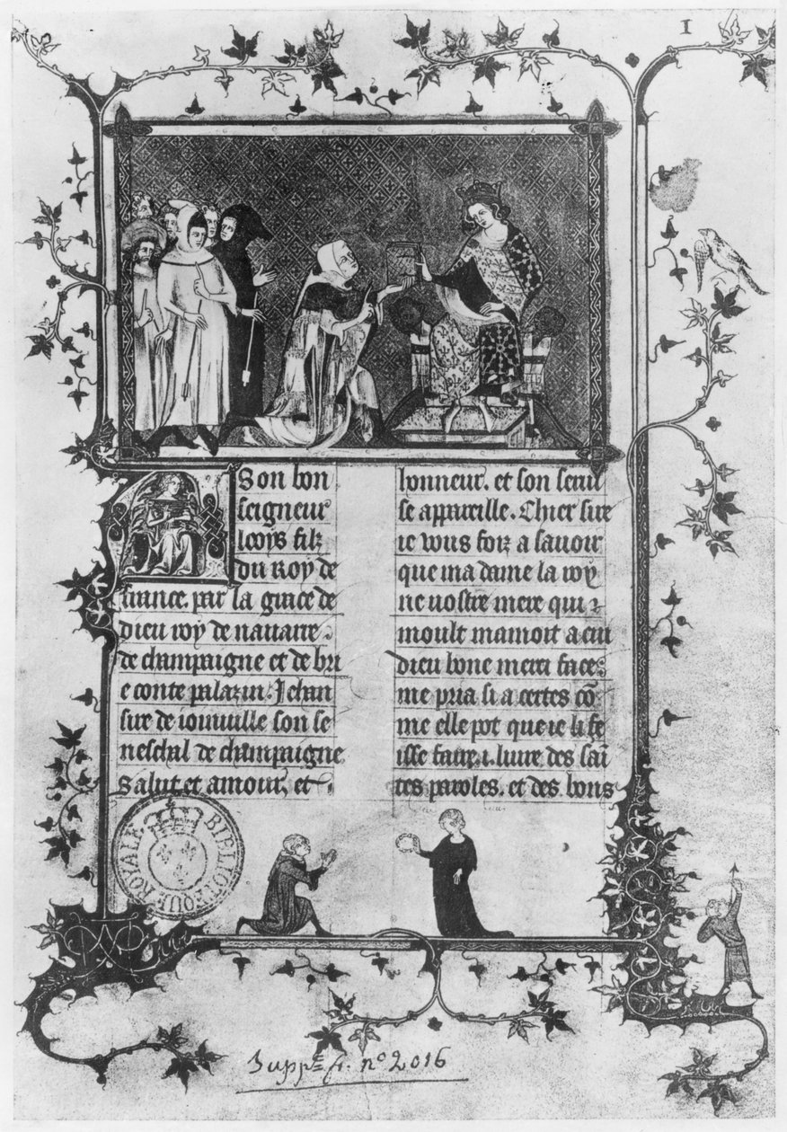 Pani fr 13568 fol.1 Jean de Joinville oferuje swoją książkę o St. Louis (1215-70) Ludwikowi X (1289-1316) Upartemu autorstwa French School