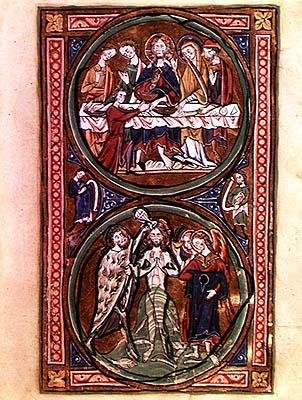 Pani n/a Lat 1392 Fol.3 Uczta weselna w Kanie i chrzest Chrystusa, fragment z „Psautier a l