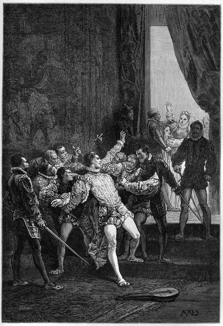 Morderstwo Davida Rizzio (Davide) w obecności Marii Stuart (Marie Iere) (1542-1587) - grawerowanie w „Historii Anglii z bardziej odległych czasów” Francois Guizot 1877 autorstwa French School