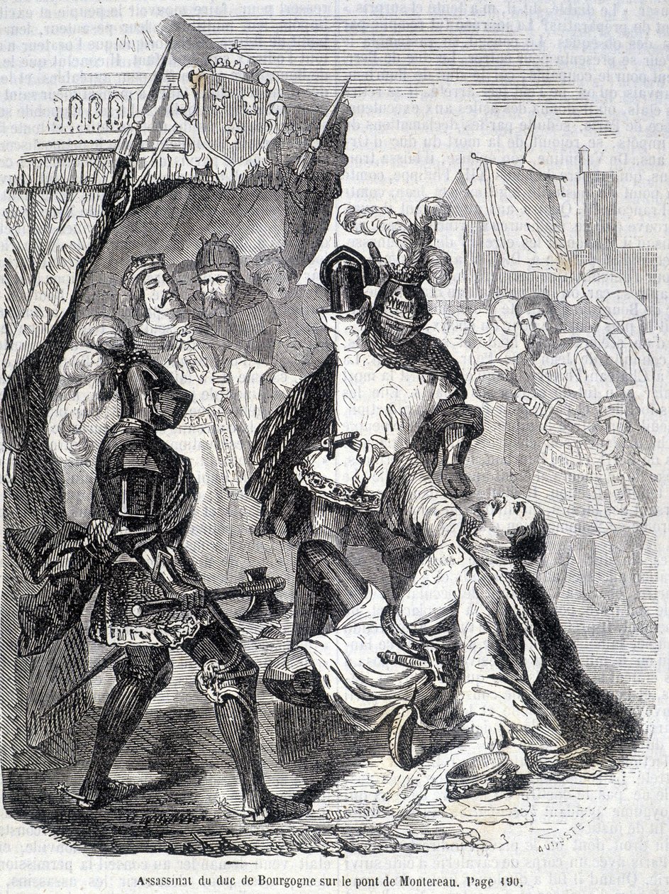 Morderstwo księcia Burgundii (Jean sans peur) na moście w Montereau w 1419 r. - w „Histoire de France” L.-P. Anquetil autorstwa French School