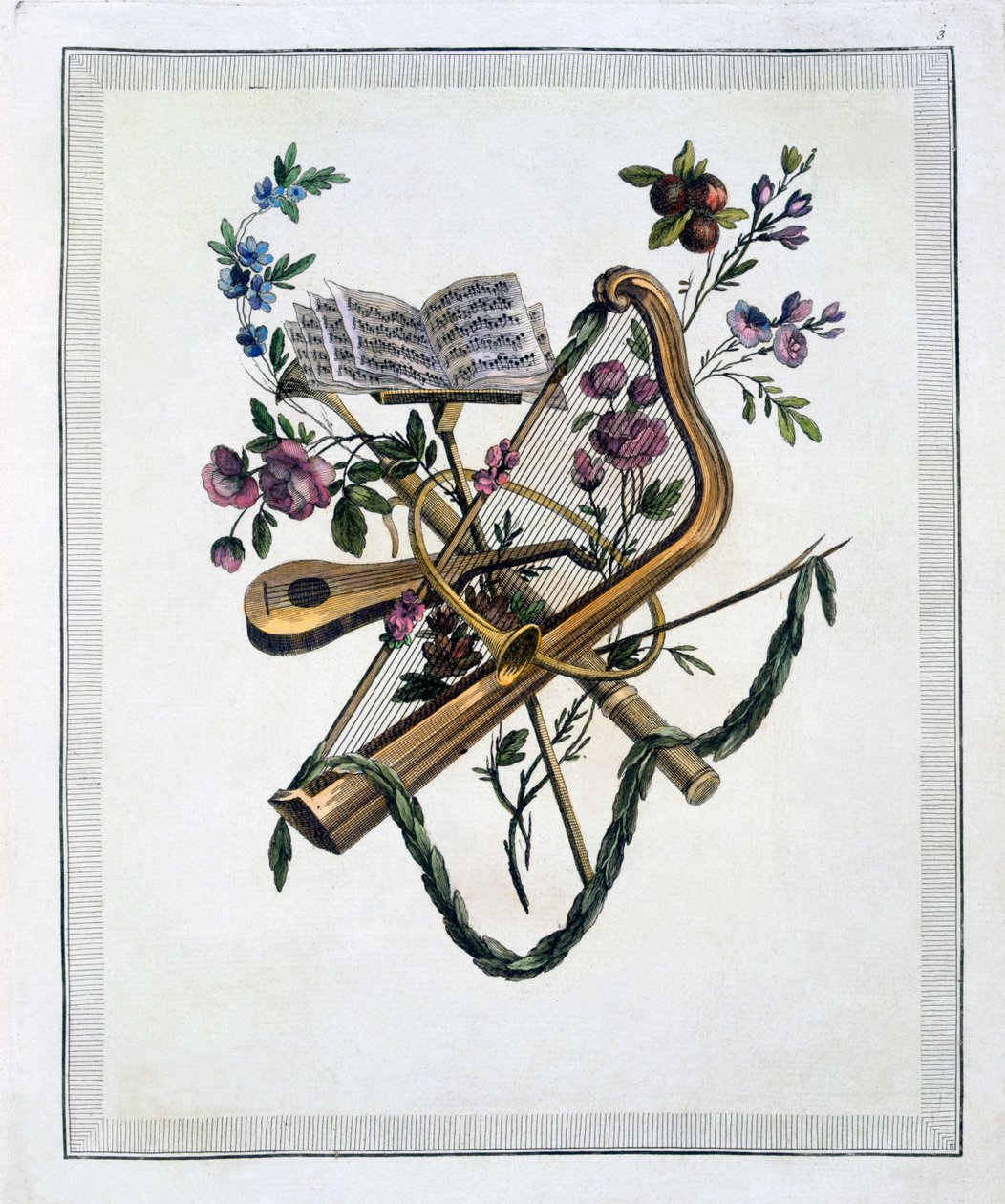 Instrumenty muzyczne, z księgi grawerowanych płyt wzorów Oppenordów, wydanej w 1745rn autorstwa French School