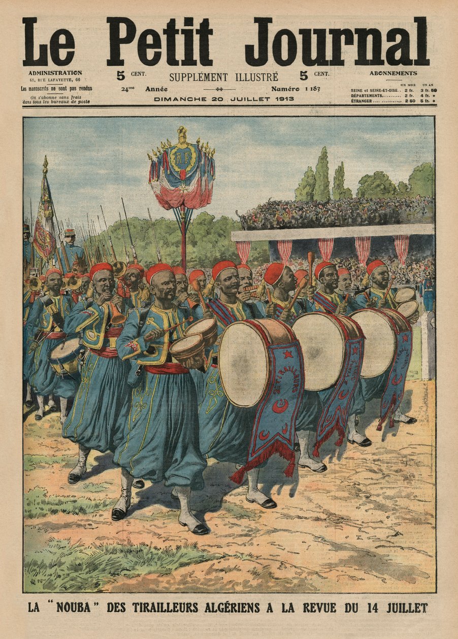 Sekcja muzyczna algierskiej piechoty paradującej na przeglądzie 14 lipca, ilustracja na okładce „Le Petit Journal”, dodatek illustre, 20 lipca 1913 autorstwa French School