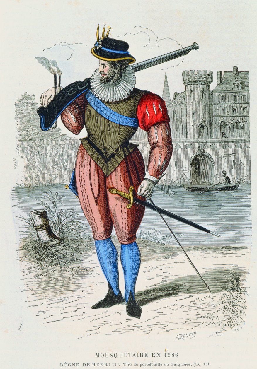 Muszkieter w 1586 r., ilustracja z Costumes de Paris a travers les siecles H. Gourdona de Genouillac, sztych. A. Renard (kolorystyka) autorstwa French School