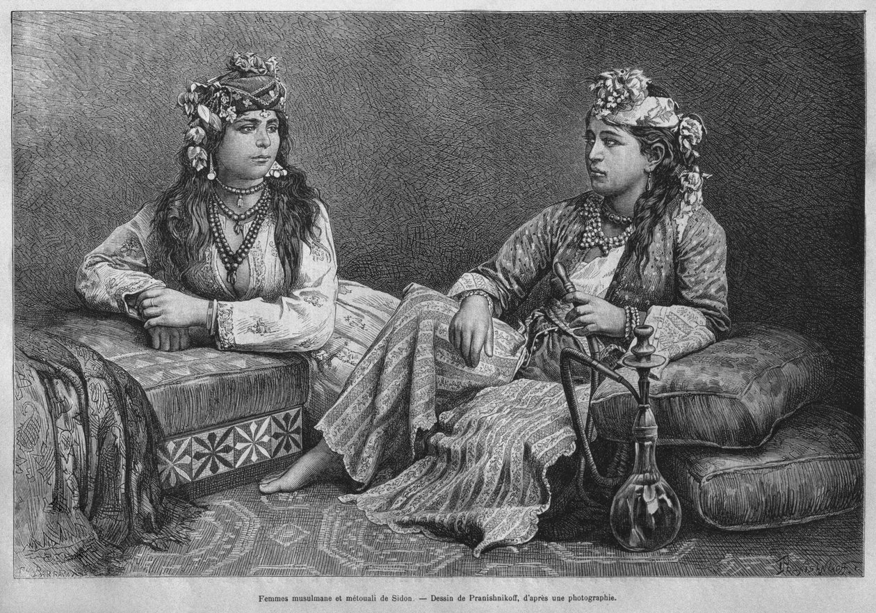 Muzułmańskie kobiety z Sydonu, z dzisiejszej Syrii. Podróżuje po Fenicji, Libanie i Judei. 1875-1880 Louis Charles Emile Lortet, 1884 (bw grawerowanie) autorstwa French School