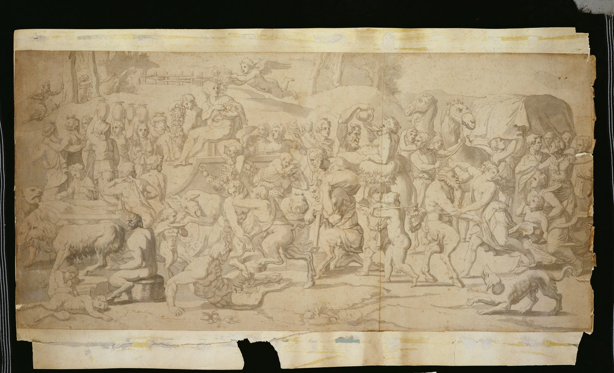 Mitologiczna scena z satyrami (pióro, tusz i tusz na papierze) autorstwa French School