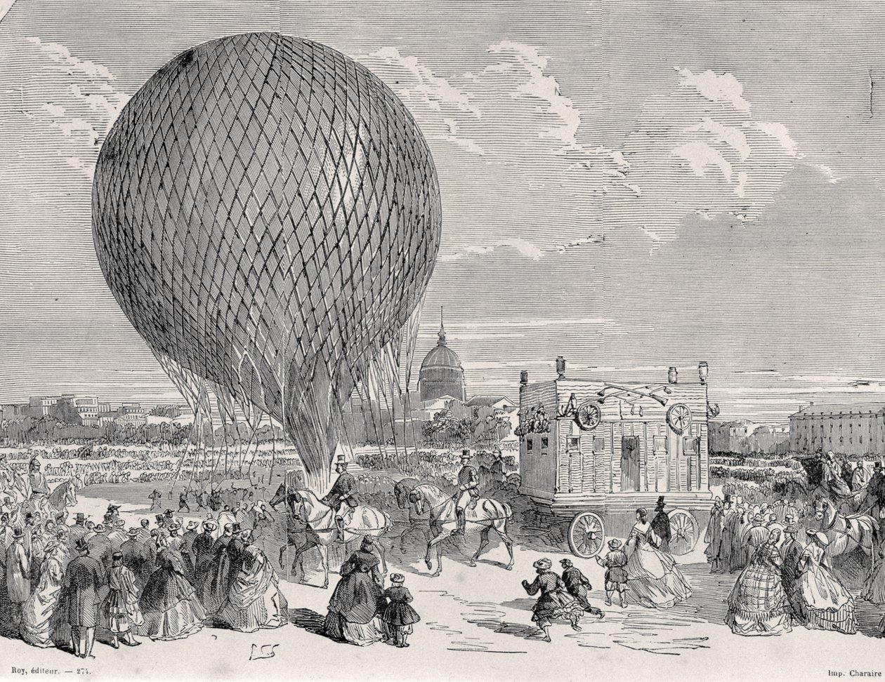 Balon Nadars, Le Géant przygotowywany na Polu Marsowym w Paryżu do pierwszego lotu 4 października 1863, ilustracja z Paryża a Travers Les Siecles: Tom 5, 1889 autorstwa French School