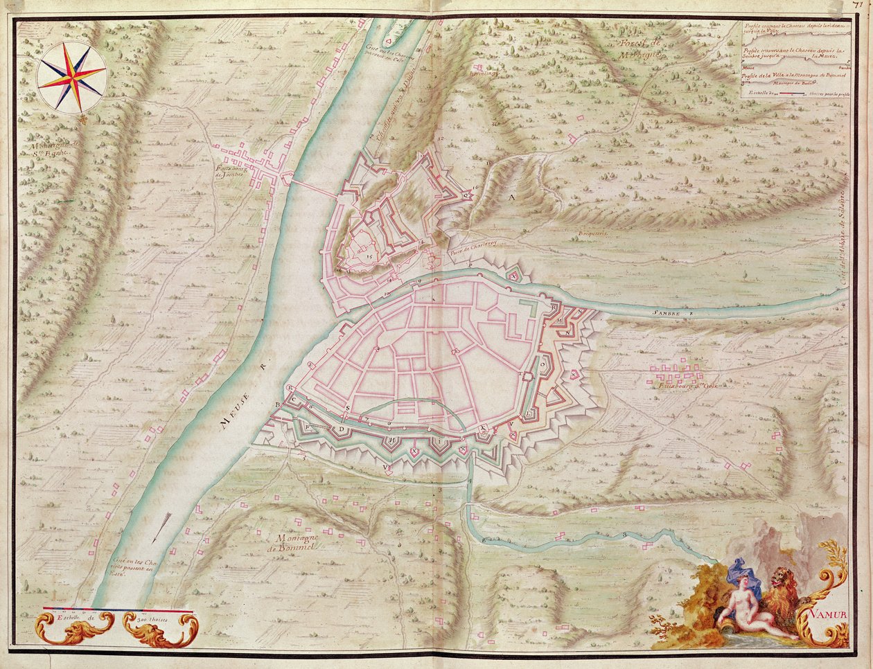 Namur i okolice, z Atlas de Louis XIV. Plans des place etrangeres, 1665 (pióro, tusz i pranie) autorstwa French School