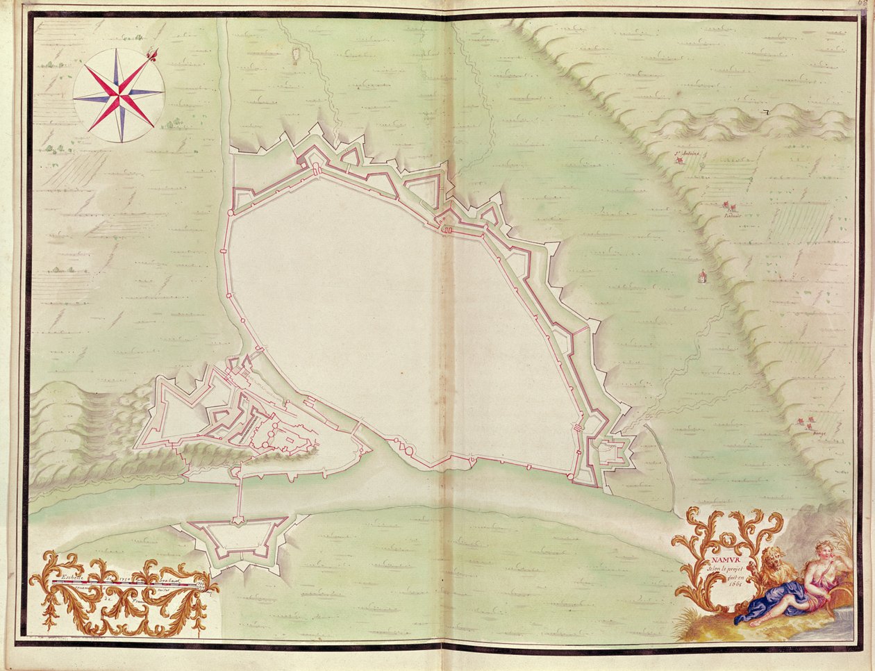 Namur, z Atlasu Ludwika XIV. Plany obcych miejsc, 1665 (pióro, tusz i pranie) autorstwa French School