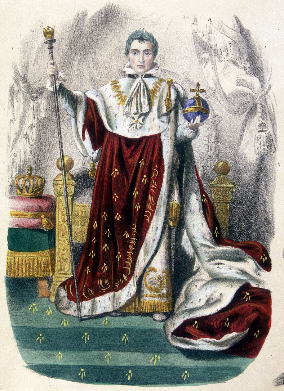 Napoleon I w stroju koronacyjnym - w „Historii Francji w drukach”, koniec XIX wieku autorstwa French School