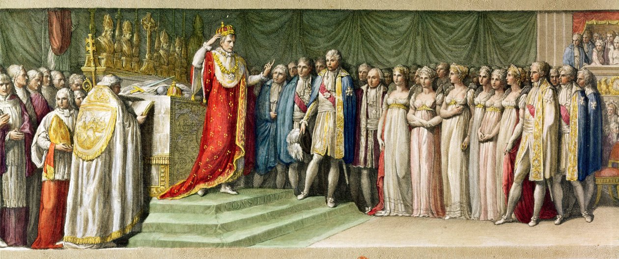 Napoleon Bonaparte (1769-1821) Koronujący się Żelazną Koroną Longobardów w Mediolanie, 1805 (kolorowe grawerowanie) autorstwa French School