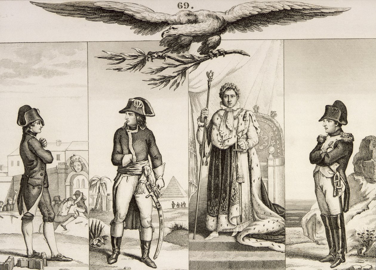Napoleon Bonaparte (1769-1821) w czterech etapach swojego życia, z „Histoire de France” Colarta, wydanej ok. 1840 r. autorstwa French School