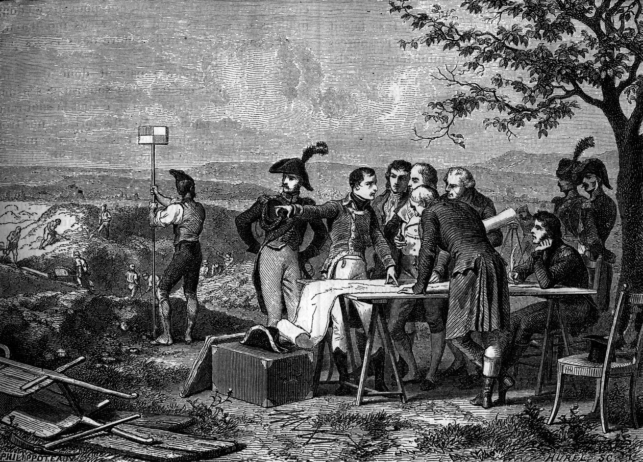 Napoleon Bonaparte wskazujący plan przebicia kanału Saint-Quentin w 1801 r. - Bonaparte wskazujący przebicie kanału Saint-Quentin w 1801 r. - Rycina XIX wieku autorstwa French School