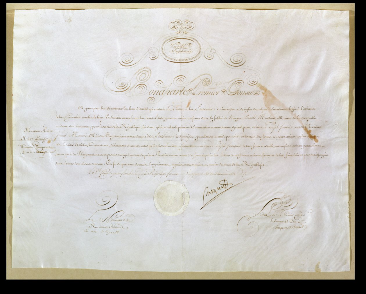 Napoleon Bonaparte (1769-1821) upoważnienie do zakupu Luizjany przez Stany Zjednoczone, 30 kwietnia 1803 (tusz na welinie) autorstwa French School