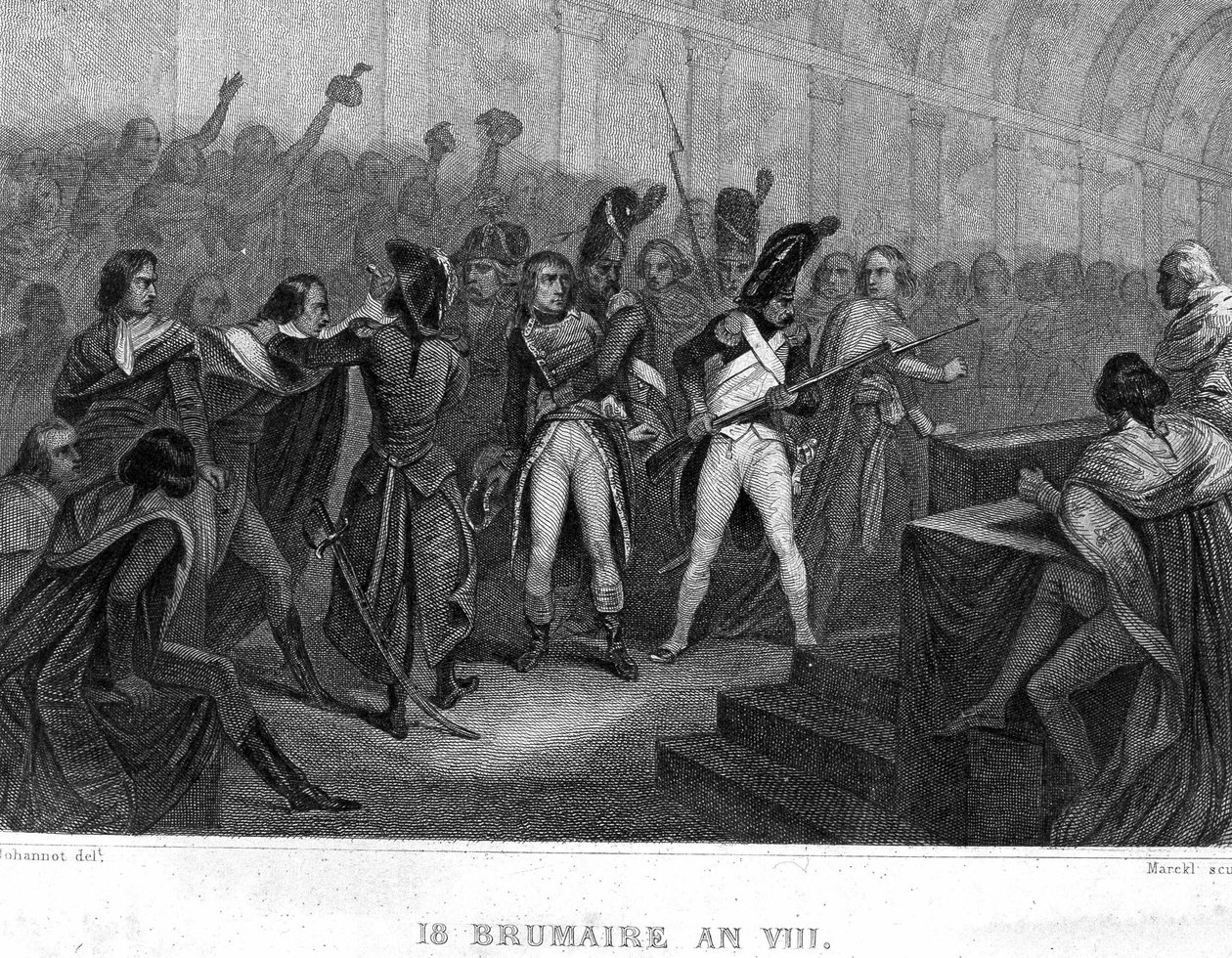 Zamach stanu Napoleona Bonaparte w dniu 18 Brumaire rok VIII (1799) w Sali Rady Pięciu centów (Sala 500) Saint Cloud - w „Rewolucja francuska” Thiersa. 19 wiek autorstwa French School