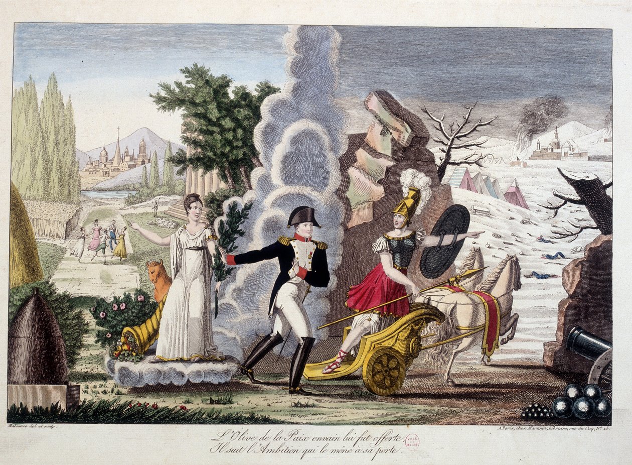 Napoleon I między wojną a pokojem, ok. 1815 - Napoleon między wojną a pokojem - Na próżno ofiarowano mu oliwkę pokoju, podąża za ambicją, która doprowadziła go do jego straty - w „Napoleon 1er”, fikcyjnej kolekcji karykatur autorstwa French School