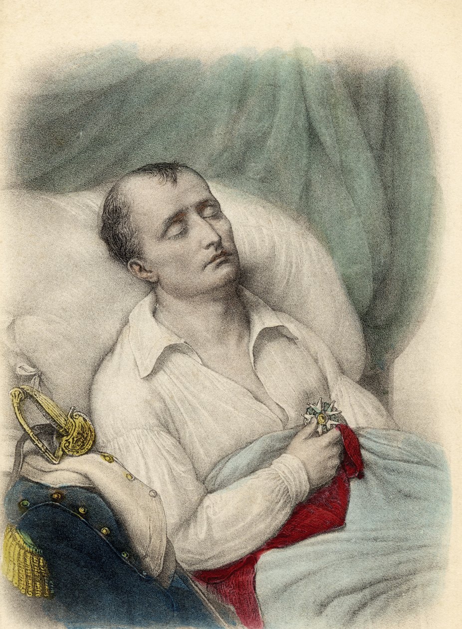 Napoleon I na łożu śmierci trzymający przy sercu Krzyż Legii Honorowej, Święta Helena, 1821 (litografia kolorowa) autorstwa French School
