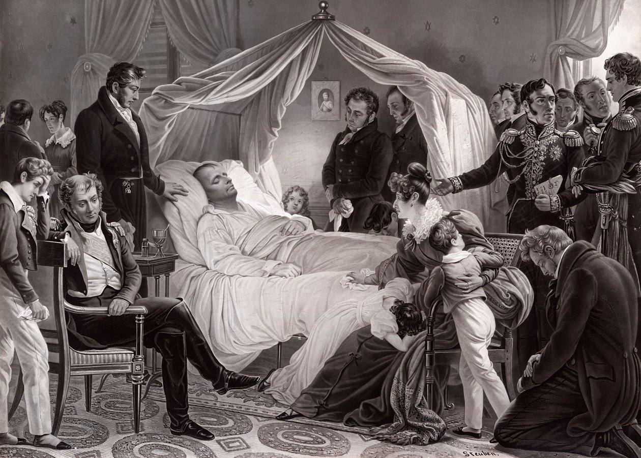 Napoleon I na łożu śmierci na Św. Helenie, 5 maja 1821, według obrazu Charlesa de Steubena autorstwa French School