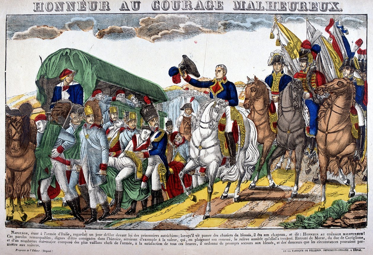 Napoleon I zdejmuje kapelusz jako konwój rannych i woła „Honor nieszczęśliwej odwagi!” Obraz Epinal autorstwa French School