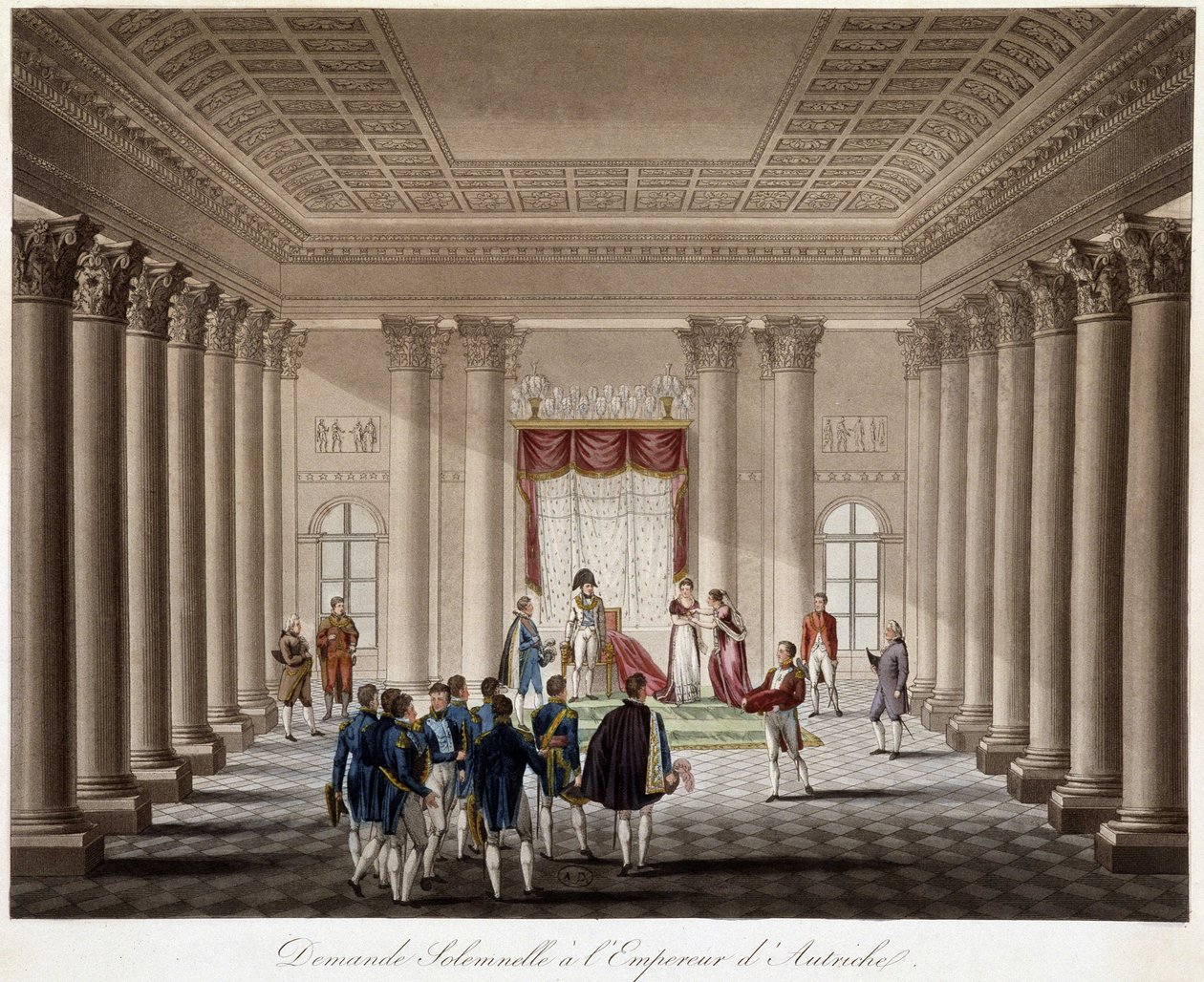 Napoleon prosi Marie Louise o małżeństwo z cesarzem Austrii - w „Historii wojny między Francją a Austrią w 1809 roku”” autorstwa French School