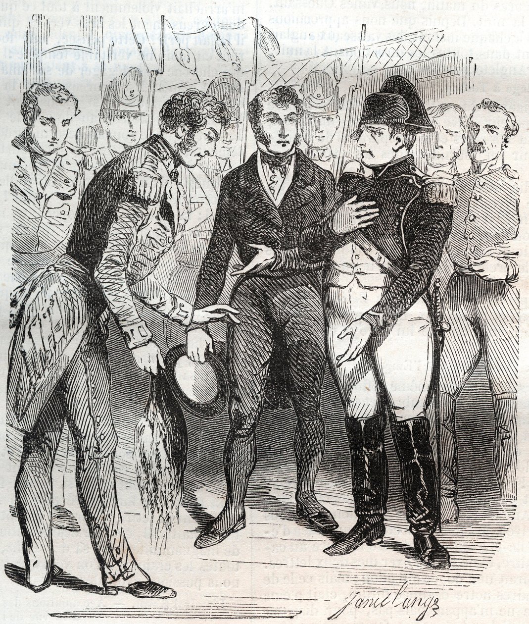 Napoleon zwierza się wierze brytyjskiej - Napoleon Bonaparte wsiadający na brytyjski statek Bellerophon, który zabierze go na zesłanie na St Helene (Święta Helena) 14 lipca 1815 r. - Napoleon Bonaparte wchodzący na pokład brytyjskiego statku Bellerophon, k autorstwa French School