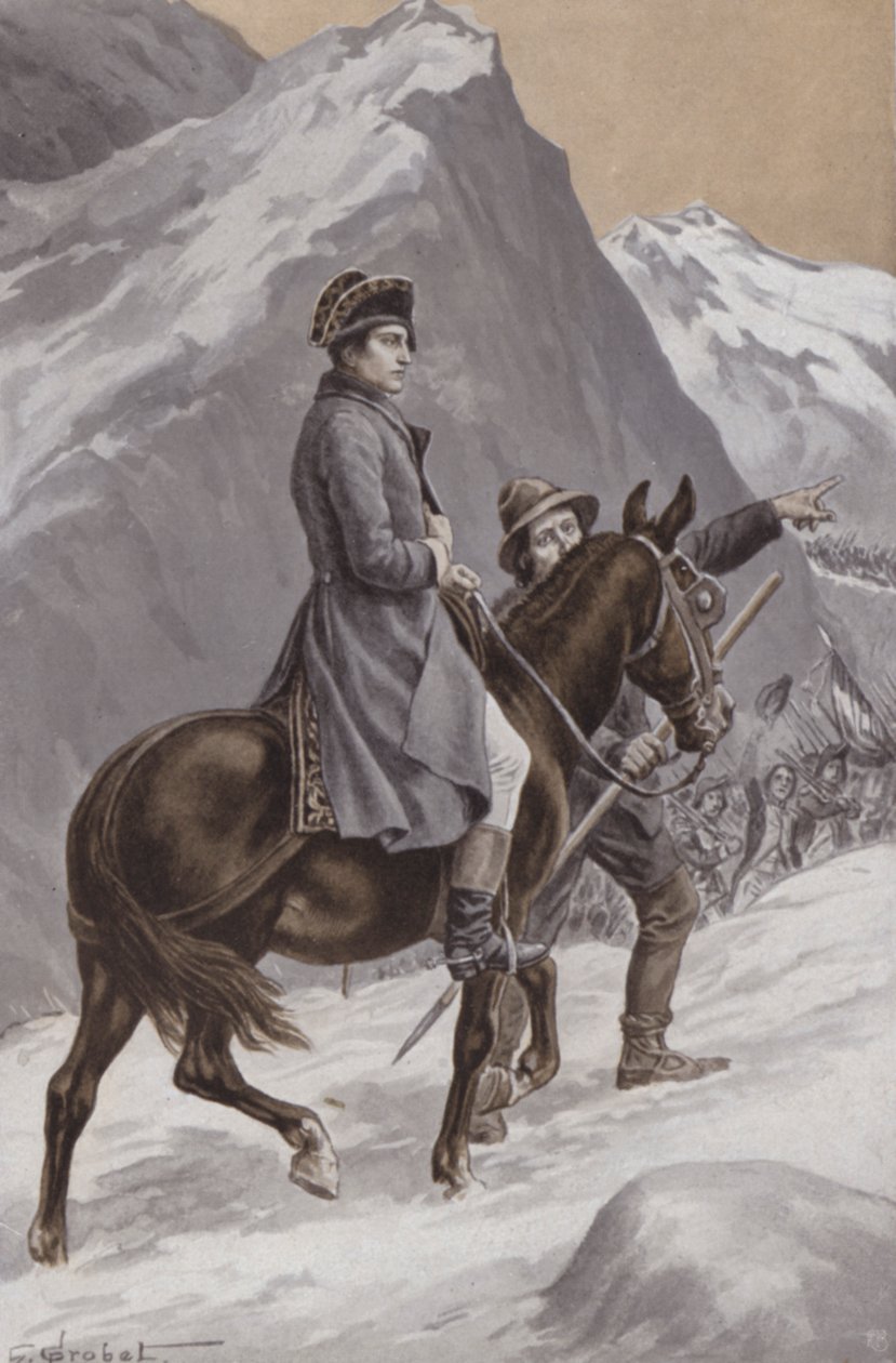 Napoleon przekraczający Alpy autorstwa French School