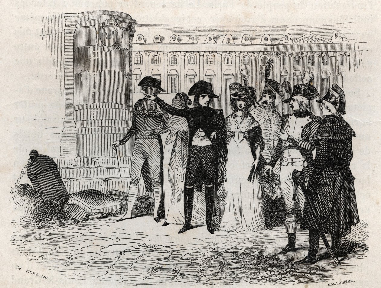 Napoleon spacerujący z Madame Tallien, z domu Theresa Cabarrus, księżna Caraman, księżna Caraman Chimay (1773 - 1835) umieszcza Vendome w Paryżu - grawerunek w „Les rues de Paris”. Stary i współczesny Paryż: geneza, historia, zabytki, kostiumy, obyczaje, k autorstwa French School